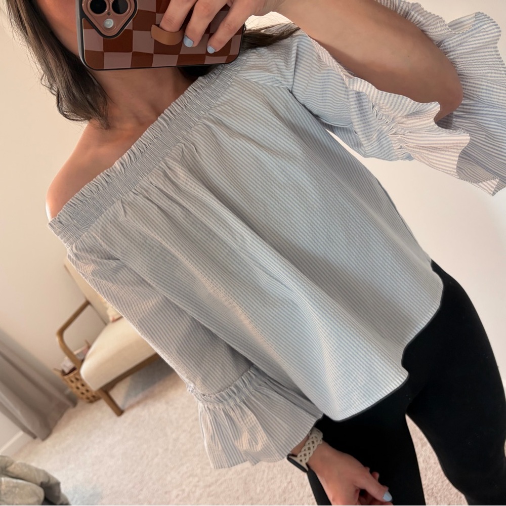 Banana Republic Off-Shoulder Blue Striped Blouse Small Petite New Without Tags